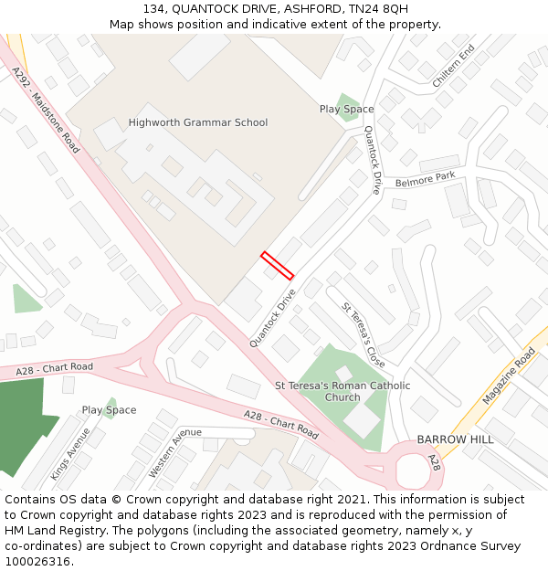 134, QUANTOCK DRIVE, ASHFORD, TN24 8QH: Location map and indicative extent of plot