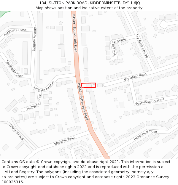 134, SUTTON PARK ROAD, KIDDERMINSTER, DY11 6JQ: Location map and indicative extent of plot