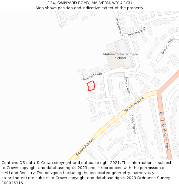 134, SWINYARD ROAD, MALVERN, WR14 1GU: Location map and indicative extent of plot