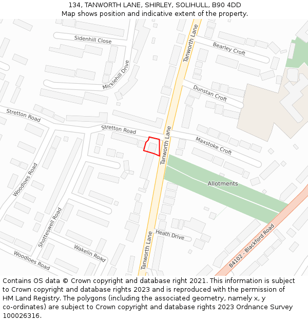 134, TANWORTH LANE, SHIRLEY, SOLIHULL, B90 4DD: Location map and indicative extent of plot