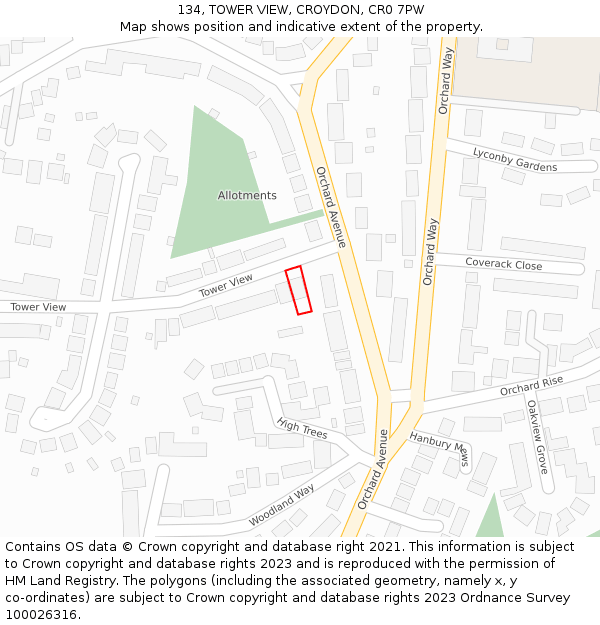 134, TOWER VIEW, CROYDON, CR0 7PW: Location map and indicative extent of plot