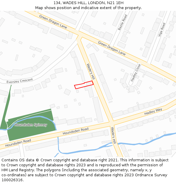 134, WADES HILL, LONDON, N21 1EH: Location map and indicative extent of plot