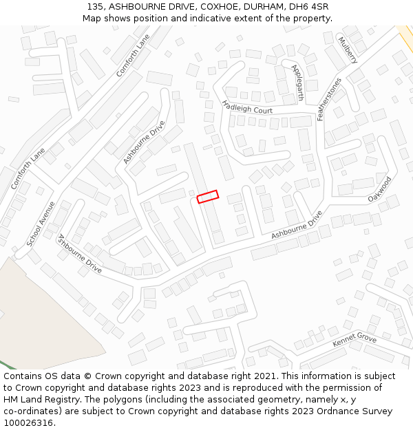 135, ASHBOURNE DRIVE, COXHOE, DURHAM, DH6 4SR: Location map and indicative extent of plot