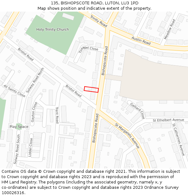 135, BISHOPSCOTE ROAD, LUTON, LU3 1PD: Location map and indicative extent of plot
