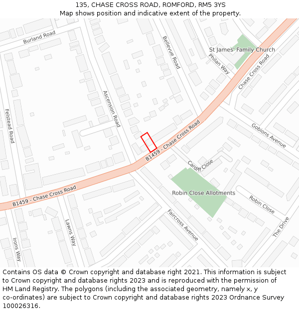 135, CHASE CROSS ROAD, ROMFORD, RM5 3YS: Location map and indicative extent of plot