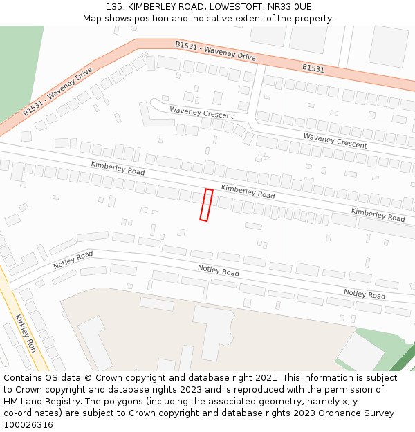 135, KIMBERLEY ROAD, LOWESTOFT, NR33 0UE: Location map and indicative extent of plot