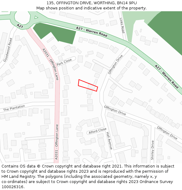 135, OFFINGTON DRIVE, WORTHING, BN14 9PU: Location map and indicative extent of plot