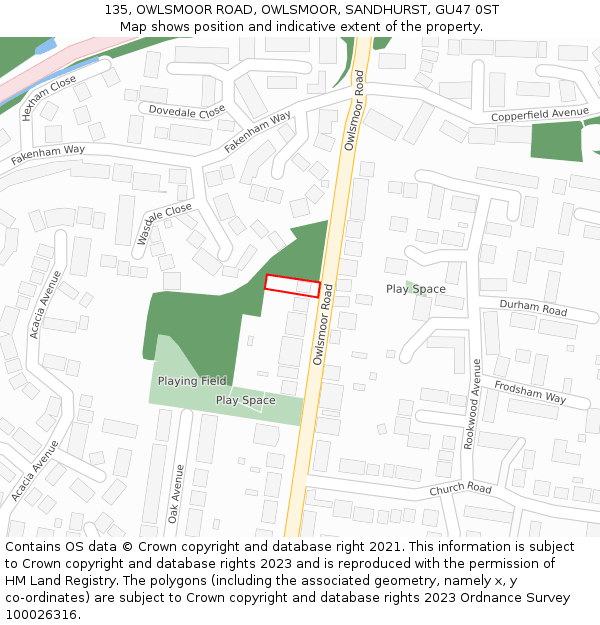 135, OWLSMOOR ROAD, OWLSMOOR, SANDHURST, GU47 0ST: Location map and indicative extent of plot