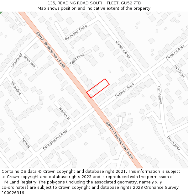 135, READING ROAD SOUTH, FLEET, GU52 7TD: Location map and indicative extent of plot