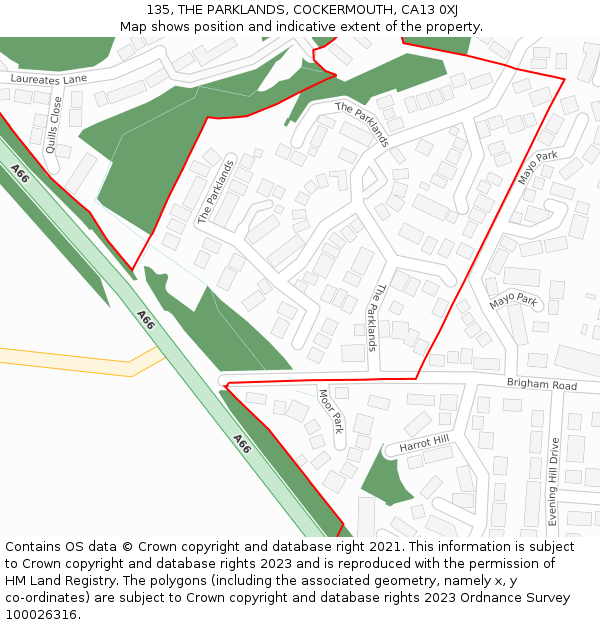 135, THE PARKLANDS, COCKERMOUTH, CA13 0XJ: Location map and indicative extent of plot