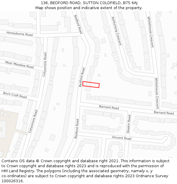 136, BEDFORD ROAD, SUTTON COLDFIELD, B75 6AJ: Location map and indicative extent of plot