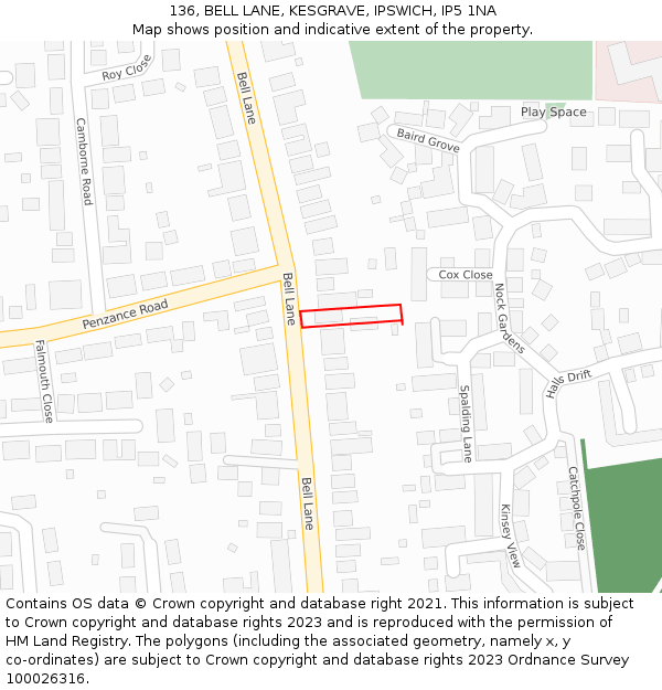136, BELL LANE, KESGRAVE, IPSWICH, IP5 1NA: Location map and indicative extent of plot