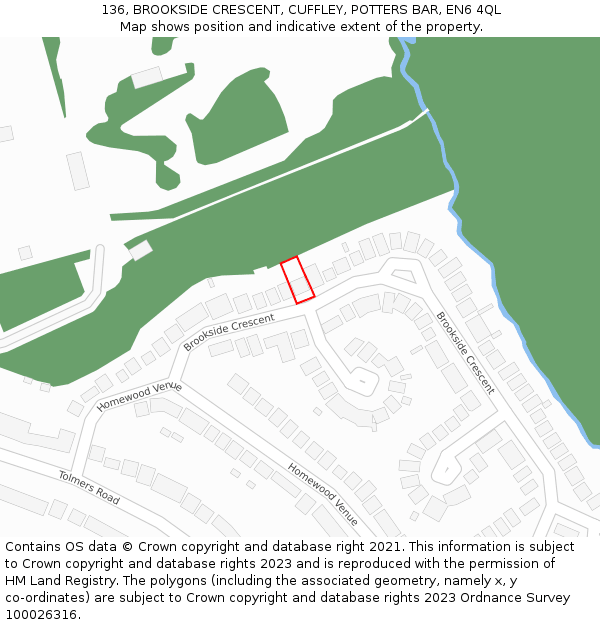 136, BROOKSIDE CRESCENT, CUFFLEY, POTTERS BAR, EN6 4QL: Location map and indicative extent of plot