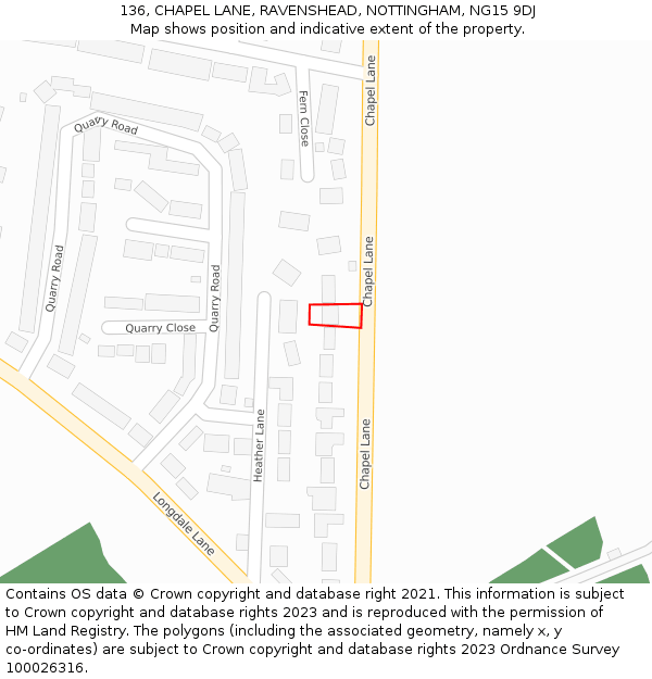 136, CHAPEL LANE, RAVENSHEAD, NOTTINGHAM, NG15 9DJ: Location map and indicative extent of plot