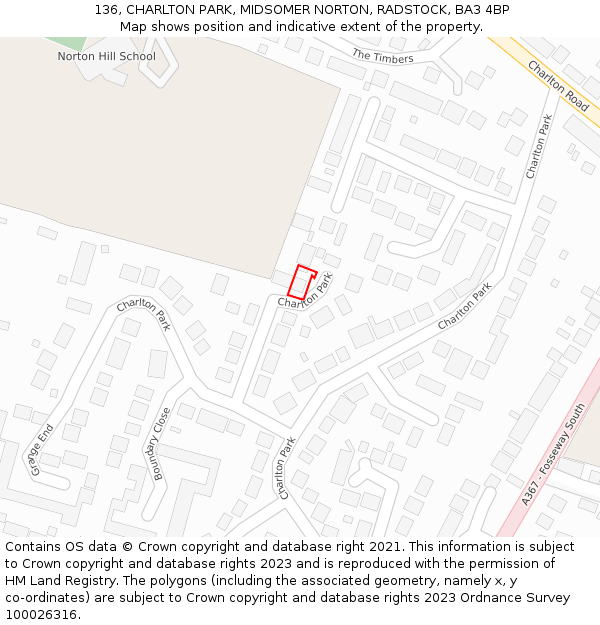 136, CHARLTON PARK, MIDSOMER NORTON, RADSTOCK, BA3 4BP: Location map and indicative extent of plot