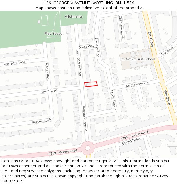 136, GEORGE V AVENUE, WORTHING, BN11 5RX: Location map and indicative extent of plot