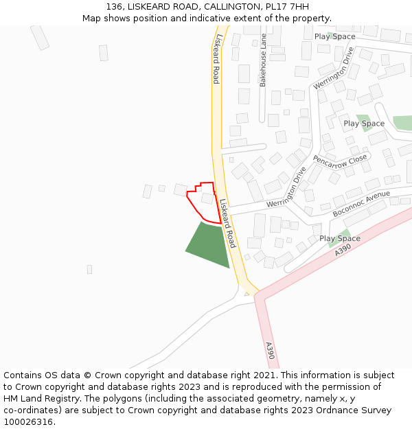 136, LISKEARD ROAD, CALLINGTON, PL17 7HH: Location map and indicative extent of plot