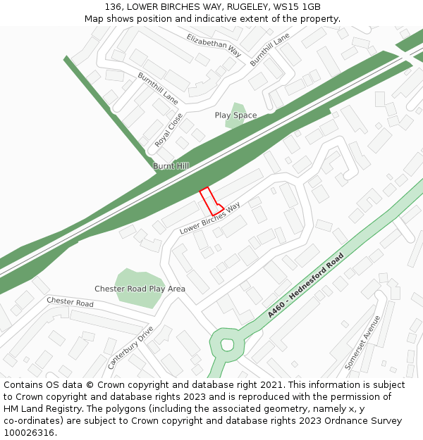 136, LOWER BIRCHES WAY, RUGELEY, WS15 1GB: Location map and indicative extent of plot