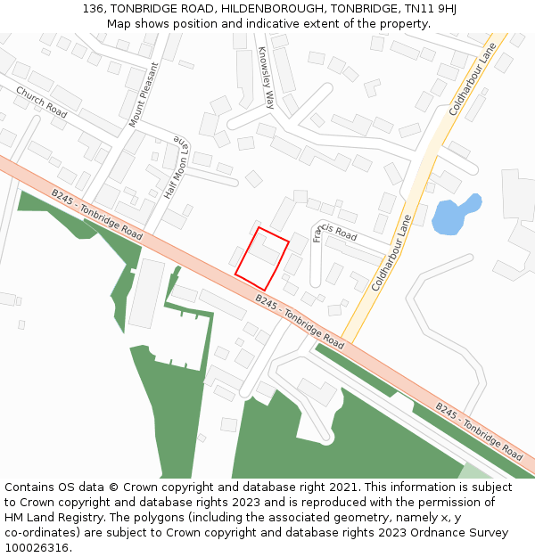 136, TONBRIDGE ROAD, HILDENBOROUGH, TONBRIDGE, TN11 9HJ: Location map and indicative extent of plot