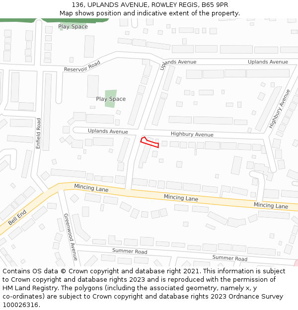 136, UPLANDS AVENUE, ROWLEY REGIS, B65 9PR: Location map and indicative extent of plot