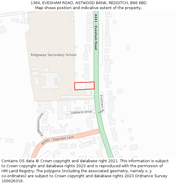 1364, EVESHAM ROAD, ASTWOOD BANK, REDDITCH, B96 6BD: Location map and indicative extent of plot