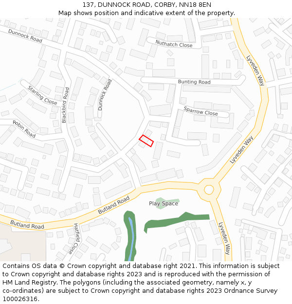 137, DUNNOCK ROAD, CORBY, NN18 8EN: Location map and indicative extent of plot