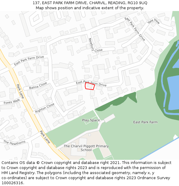 137, EAST PARK FARM DRIVE, CHARVIL, READING, RG10 9UQ: Location map and indicative extent of plot