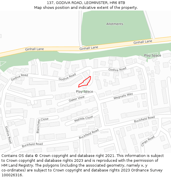 137, GODIVA ROAD, LEOMINSTER, HR6 8TB: Location map and indicative extent of plot