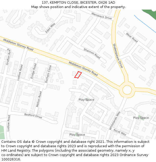 137, KEMPTON CLOSE, BICESTER, OX26 1AD: Location map and indicative extent of plot