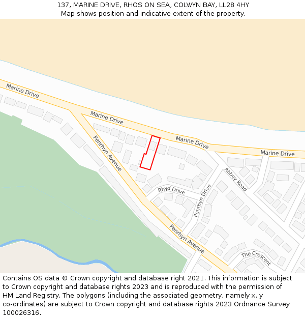 137, MARINE DRIVE, RHOS ON SEA, COLWYN BAY, LL28 4HY: Location map and indicative extent of plot