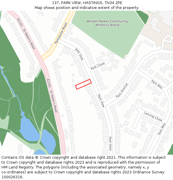 137, PARK VIEW, HASTINGS, TN34 2PE: Location map and indicative extent of plot