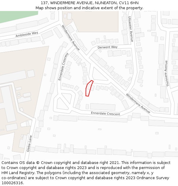 137, WINDERMERE AVENUE, NUNEATON, CV11 6HN: Location map and indicative extent of plot