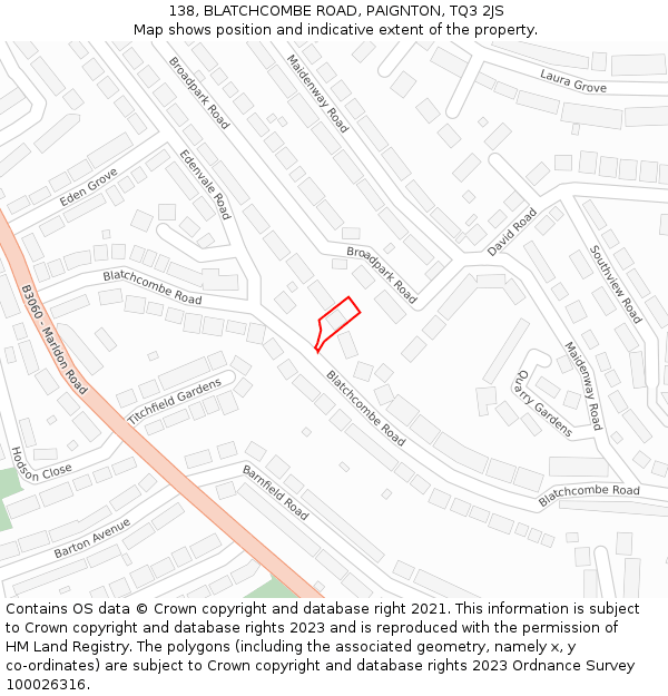 138, BLATCHCOMBE ROAD, PAIGNTON, TQ3 2JS: Location map and indicative extent of plot