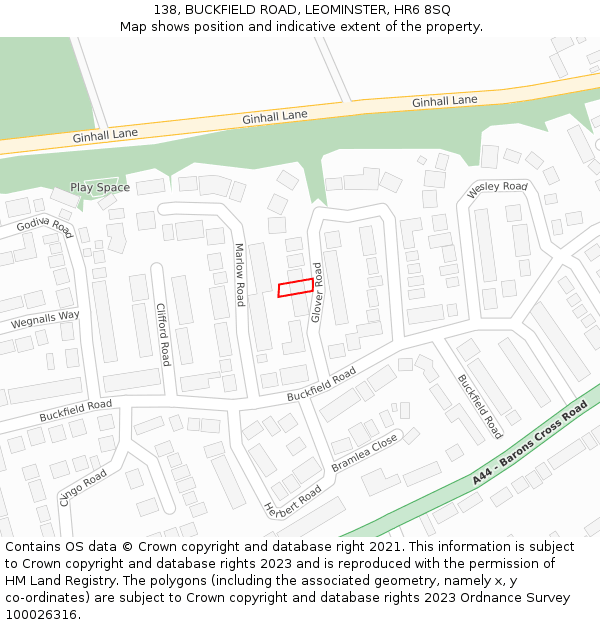 138, BUCKFIELD ROAD, LEOMINSTER, HR6 8SQ: Location map and indicative extent of plot
