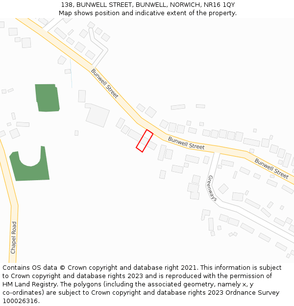138, BUNWELL STREET, BUNWELL, NORWICH, NR16 1QY: Location map and indicative extent of plot