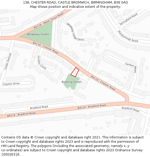 138, CHESTER ROAD, CASTLE BROMWICH, BIRMINGHAM, B36 0AG: Location map and indicative extent of plot