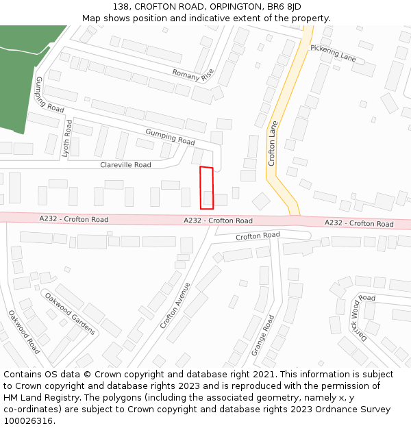 138, CROFTON ROAD, ORPINGTON, BR6 8JD: Location map and indicative extent of plot