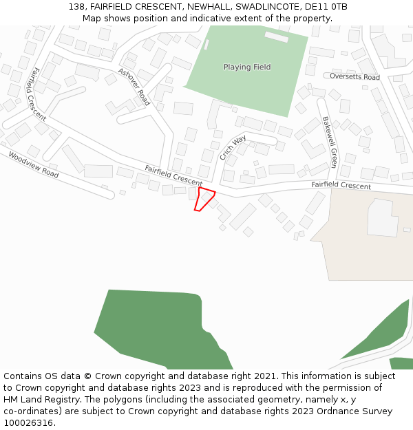 138, FAIRFIELD CRESCENT, NEWHALL, SWADLINCOTE, DE11 0TB: Location map and indicative extent of plot