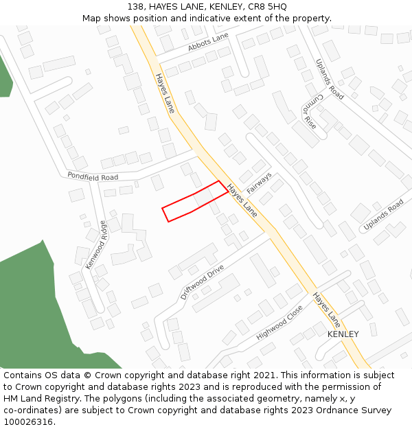 138, HAYES LANE, KENLEY, CR8 5HQ: Location map and indicative extent of plot