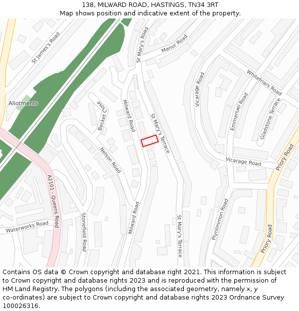 138, MILWARD ROAD, HASTINGS, TN34 3RT: Location map and indicative extent of plot