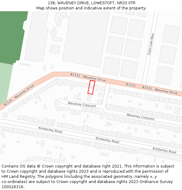 138, WAVENEY DRIVE, LOWESTOFT, NR33 0TR: Location map and indicative extent of plot