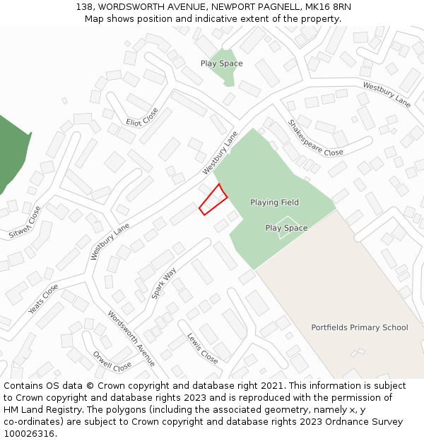 138, WORDSWORTH AVENUE, NEWPORT PAGNELL, MK16 8RN: Location map and indicative extent of plot
