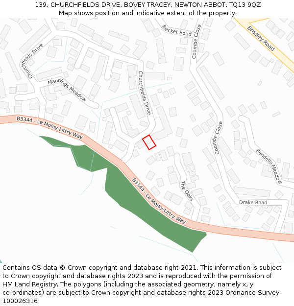139, CHURCHFIELDS DRIVE, BOVEY TRACEY, NEWTON ABBOT, TQ13 9QZ: Location map and indicative extent of plot
