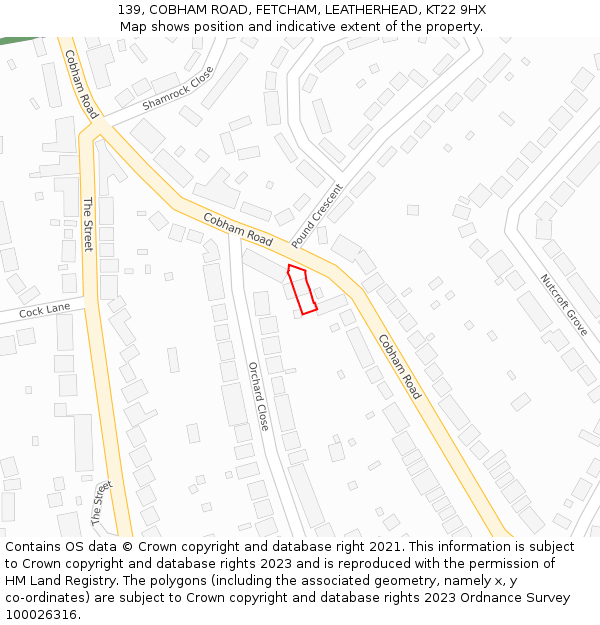139, COBHAM ROAD, FETCHAM, LEATHERHEAD, KT22 9HX: Location map and indicative extent of plot