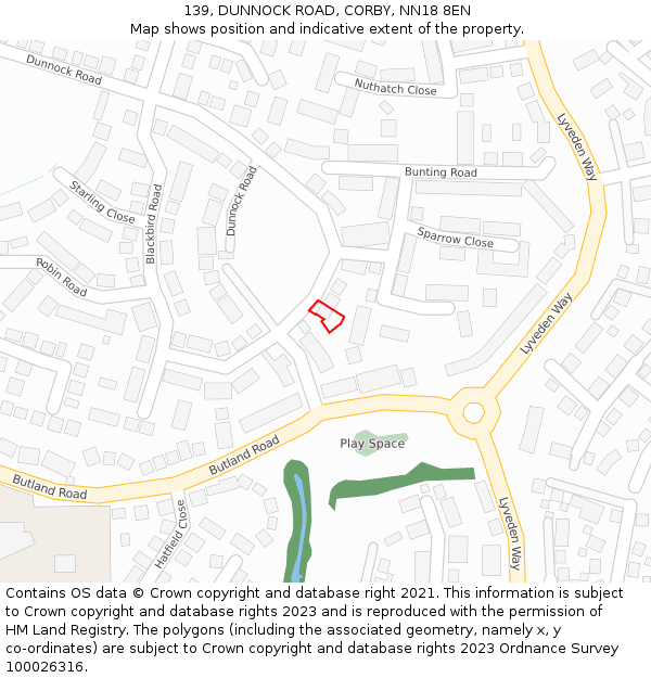 139, DUNNOCK ROAD, CORBY, NN18 8EN: Location map and indicative extent of plot