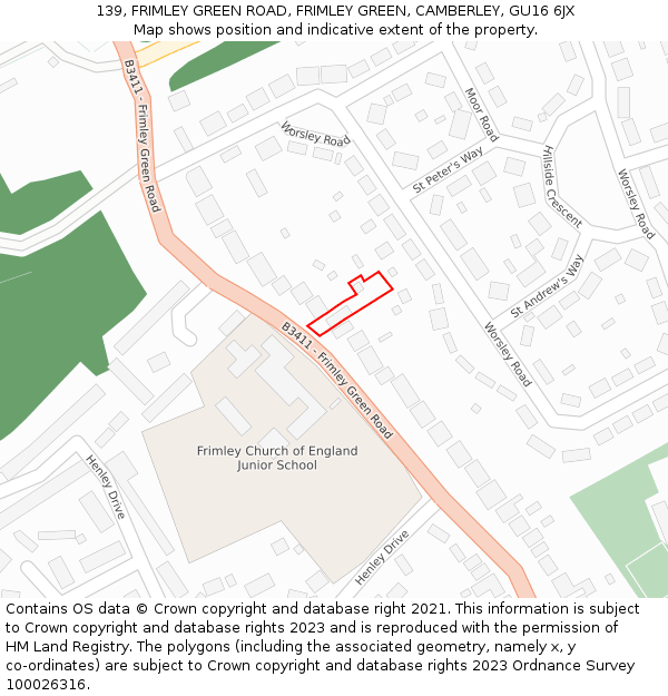 139, FRIMLEY GREEN ROAD, FRIMLEY GREEN, CAMBERLEY, GU16 6JX: Location map and indicative extent of plot