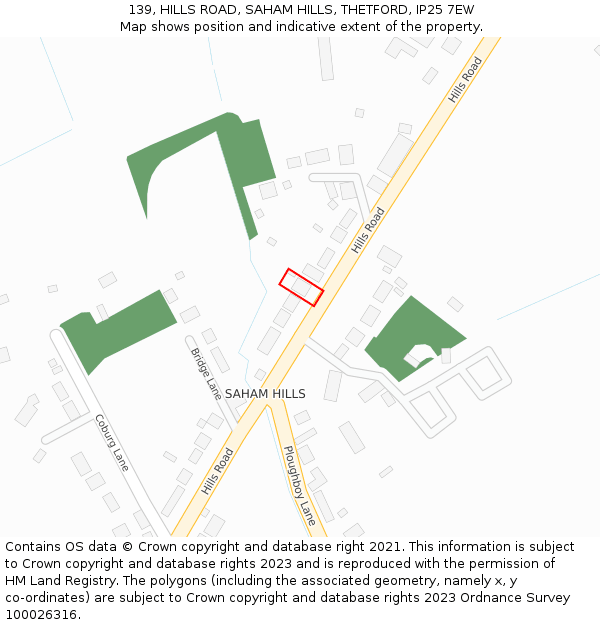 139, HILLS ROAD, SAHAM HILLS, THETFORD, IP25 7EW: Location map and indicative extent of plot