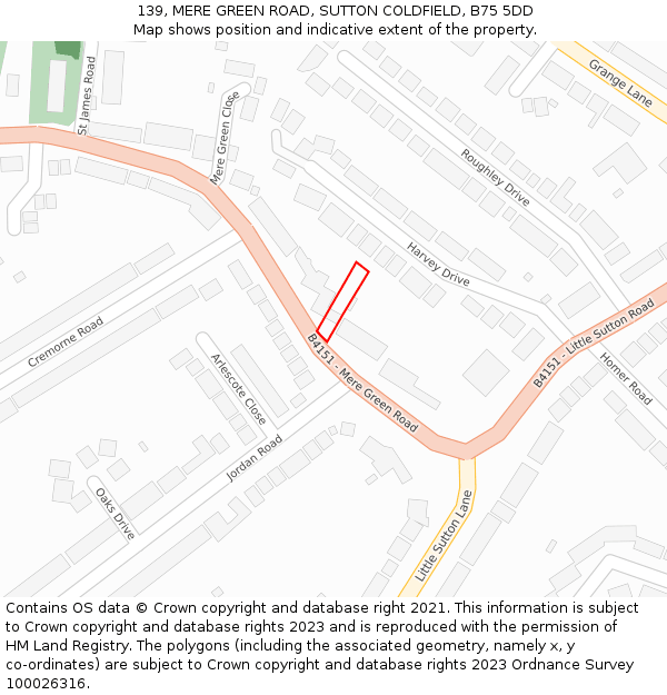 139, MERE GREEN ROAD, SUTTON COLDFIELD, B75 5DD: Location map and indicative extent of plot