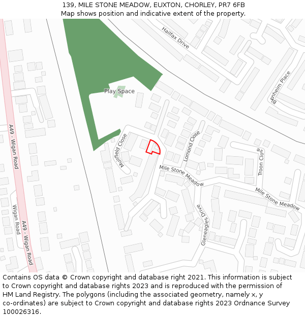 139, MILE STONE MEADOW, EUXTON, CHORLEY, PR7 6FB: Location map and indicative extent of plot