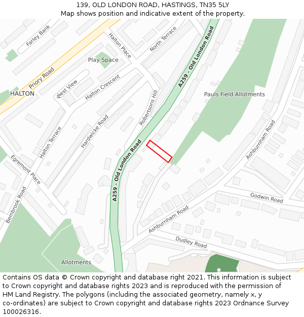 139, OLD LONDON ROAD, HASTINGS, TN35 5LY: Location map and indicative extent of plot
